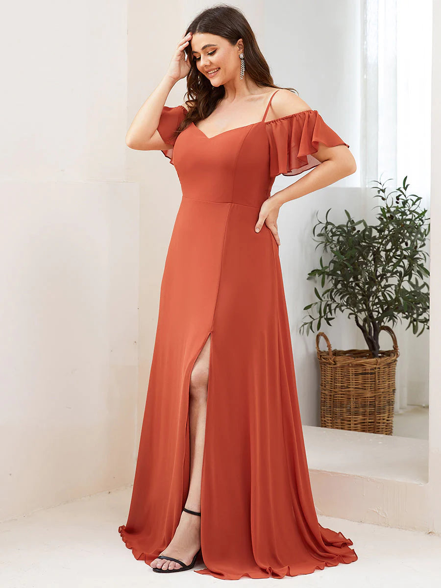 Off-Shoulder Ruffle Sleeve Plus Size Evening Dress - CALABRO®