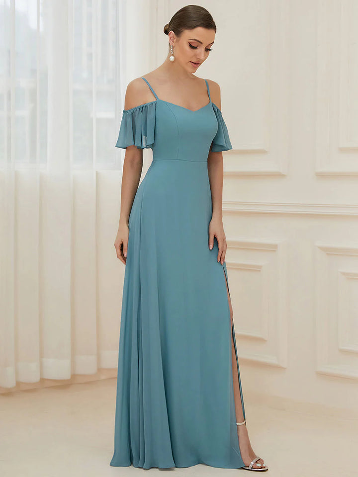 Off-Shoulder Ruffle Sleeve Thigh Slit Bridesmaid Dress - CALABRO®