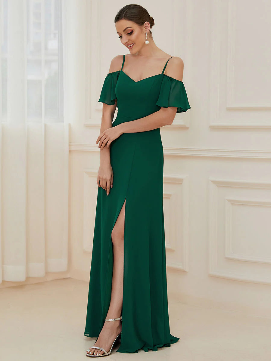 Flattering Deep V Neck Flare Sleeves Bridesmaid Dresses