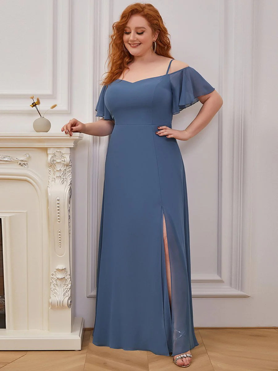 Cold Shoulder Flowy Thigh Slit Plus Size Evening Dress - CALABRO®