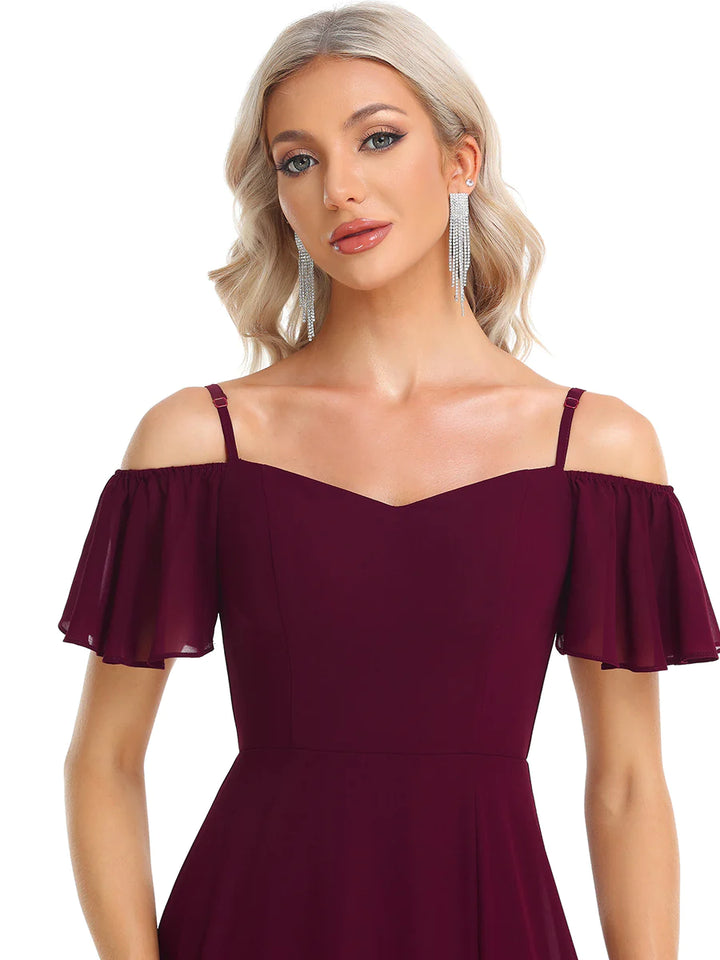 Off-Shoulder Ruffle Sleeve Thigh Slit Bridesmaid Dress - CALABRO®