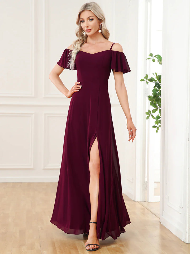 Off-Shoulder Ruffle Sleeve Thigh Slit Bridesmaid Dress - CALABRO®