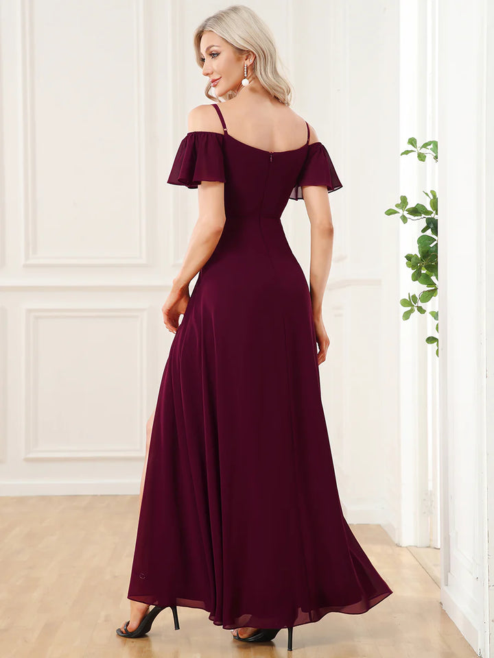 Off-Shoulder Ruffle Sleeve Thigh Slit Bridesmaid Dress - CALABRO®