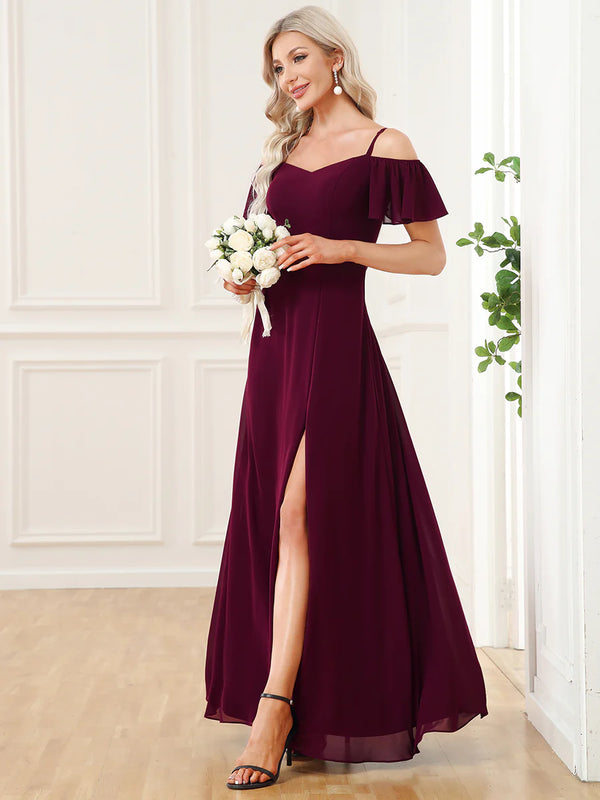 Off-Shoulder Ruffle Sleeve Thigh Slit Bridesmaid Dress