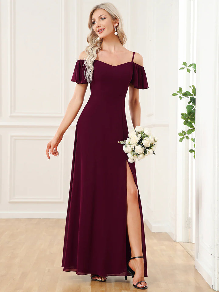 Off-Shoulder Ruffle Sleeve Thigh Slit Bridesmaid Dress - CALABRO®