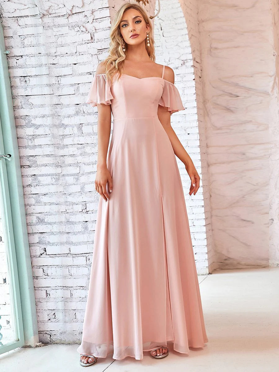 Flattering Deep V Neck Flare Sleeves Bridesmaid Dresses