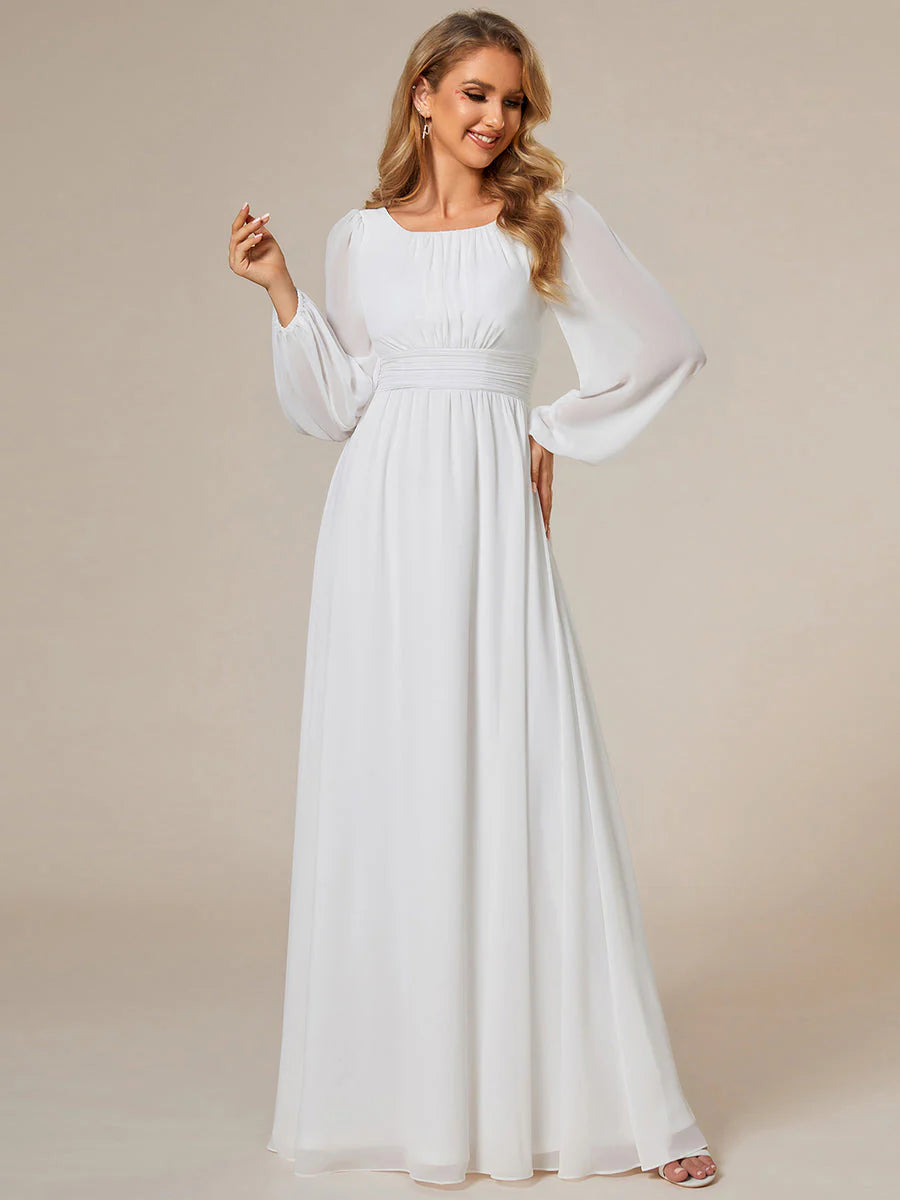 Round Neck Modest Wedding Dress with Long Lantern Sleeves