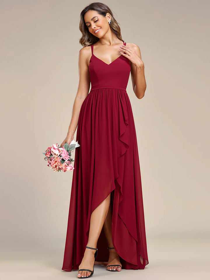 Spaghetti Straps Slit A-Line Chiffon Ruffle Bridesmaid Dress - CALABRO®