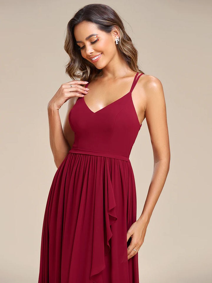 Spaghetti Straps Slit A-Line Chiffon Ruffle Bridesmaid Dress - CALABRO®