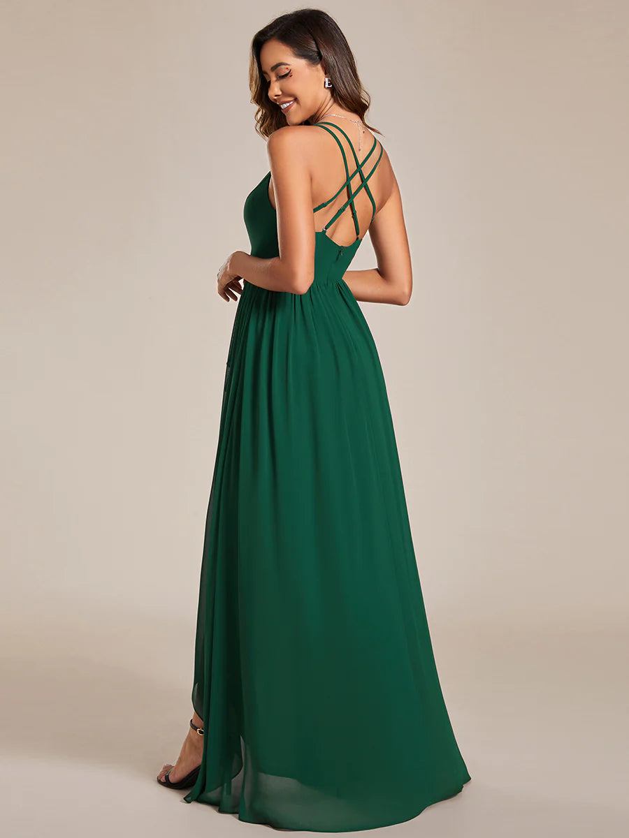 Spaghetti Straps Slit A-Line Chiffon Ruffle Bridesmaid Dress - CALABRO®