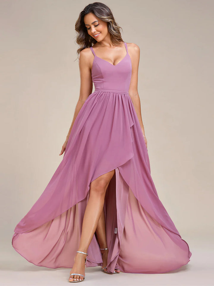 Spaghetti Straps Slit A-Line Chiffon Ruffle Bridesmaid Dress - CALABRO®