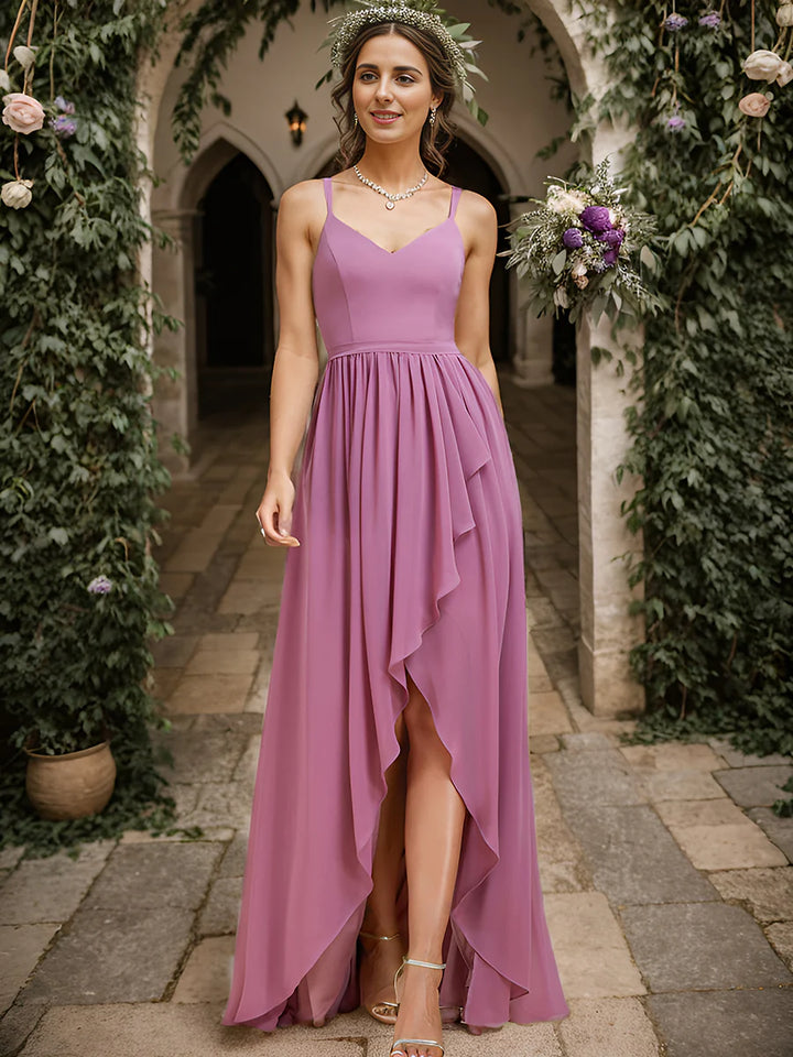 Spaghetti Straps Slit A-Line Chiffon Ruffle Bridesmaid Dress - CALABRO®