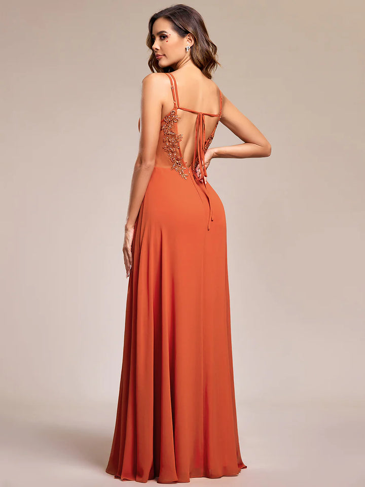 Lace V Back Chiffon Evening Dress - CALABRO®