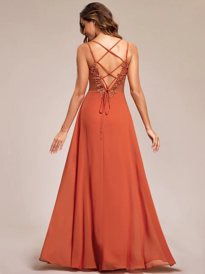 Lace V Back Chiffon Evening Dress - CALABRO®