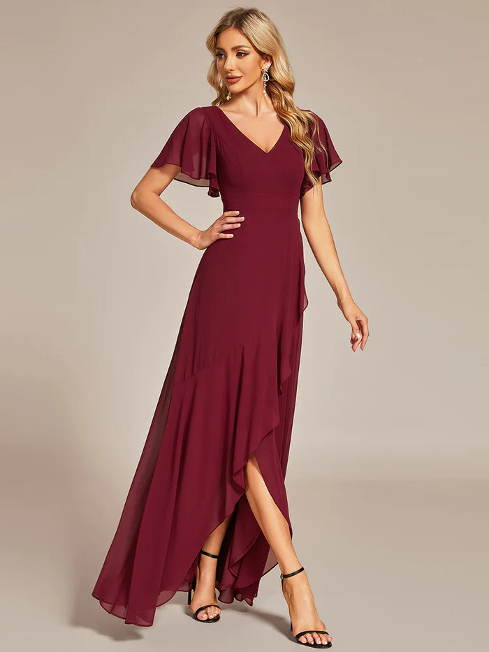 Plus V Neck High Low Ruffles Chiffon Bridesmaid Dresses - CALABRO®