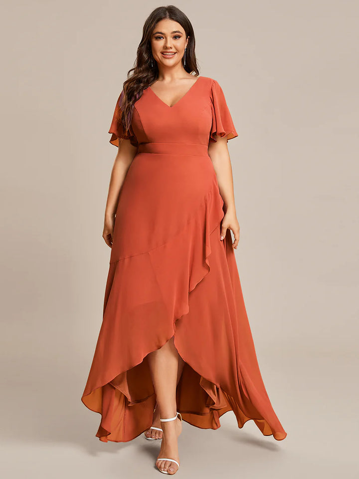 V Neck High Low Ruffles Chiffon Plus Size Evening Dress - CALABRO®