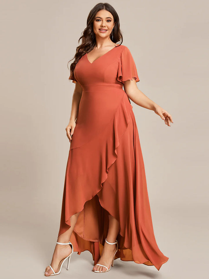 V Neck High Low Ruffles Chiffon Plus Size Evening Dress - CALABRO®