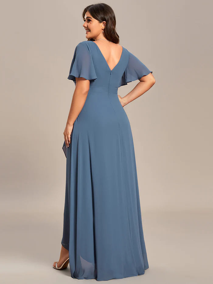 Plus V Neck High Low Ruffles Chiffon Bridesmaid Dresses - CALABRO®