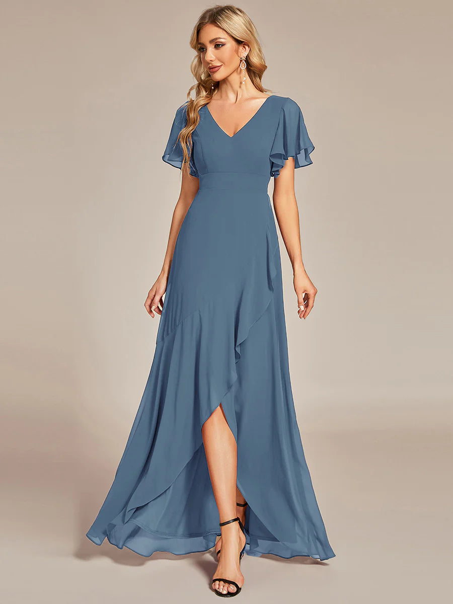 V Neck High Low Ruffles Chiffon Bridesmaid Dress - CALABRO®