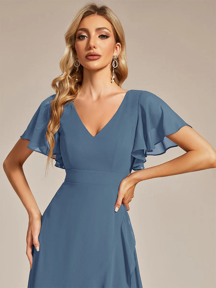 V Neck High Low Ruffles Chiffon Bridesmaid Dress - CALABRO®