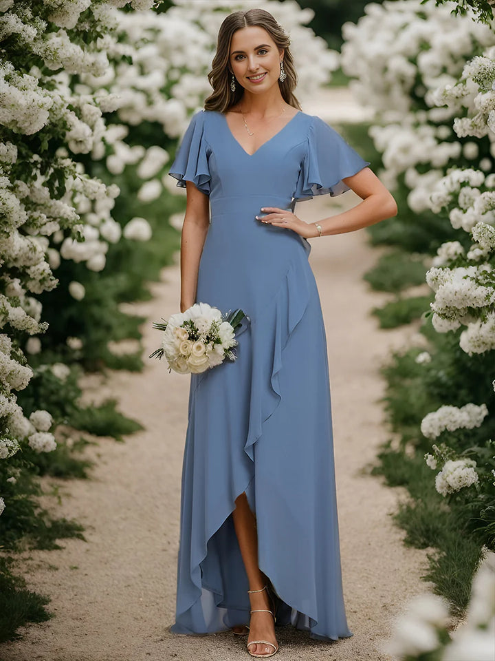 V Neck High Low Ruffles Chiffon Bridesmaid Dress - CALABRO®