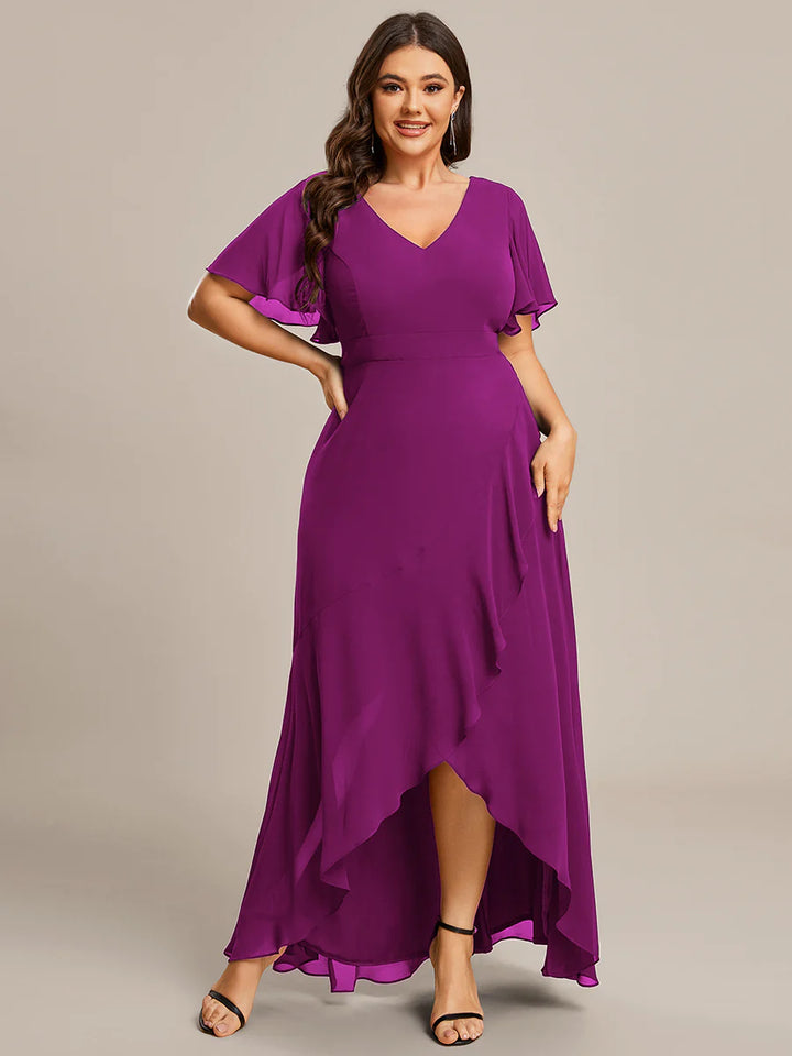 V Neck High Low Ruffles Chiffon Plus Size Evening Dress - CALABRO®