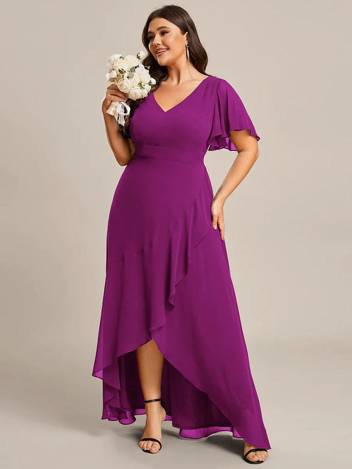 V Neck High Low Ruffles Chiffon Plus Size Evening Dress - CALABRO®