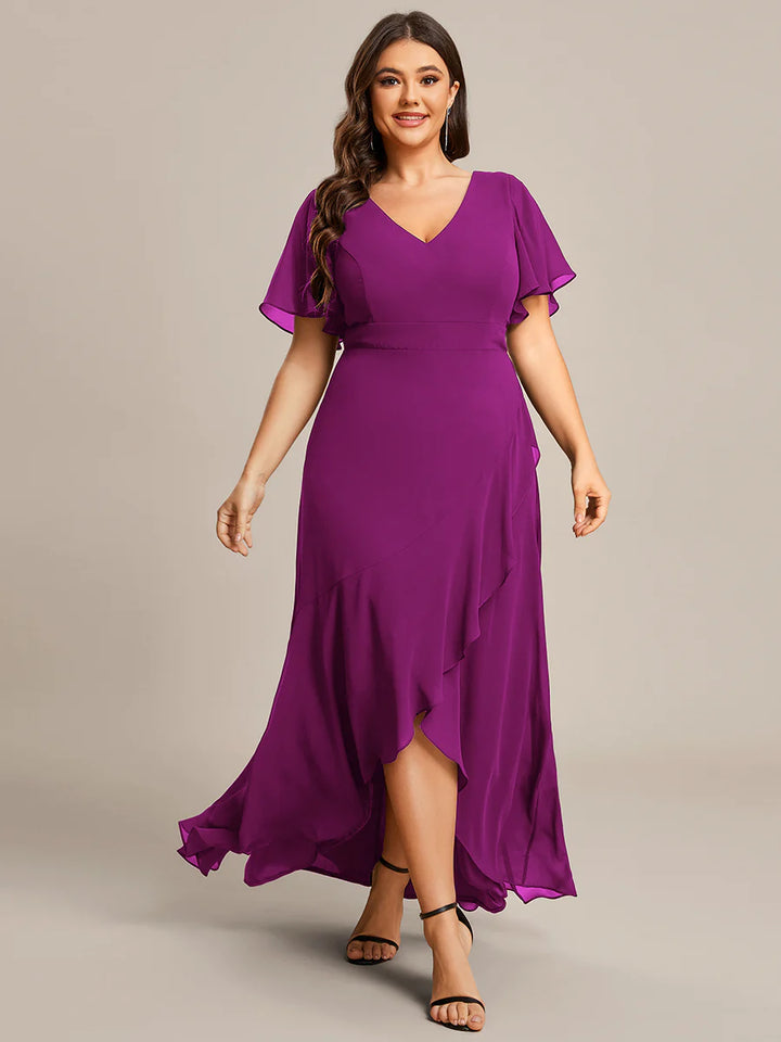 V Neck High Low Ruffles Chiffon Plus Size Evening Dress - CALABRO®