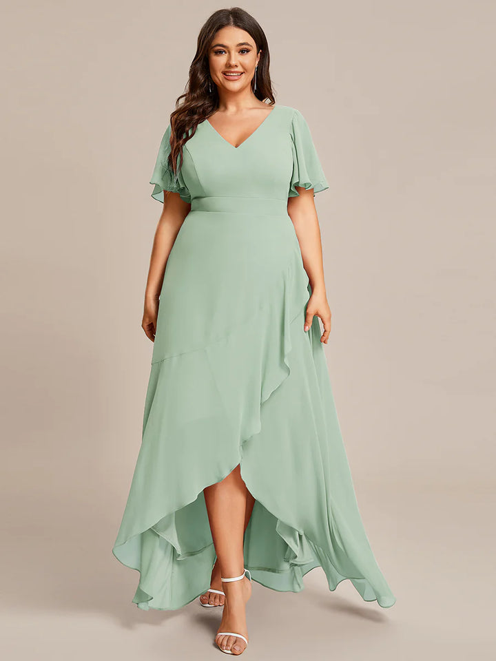 V Neck High Low Ruffles Chiffon Plus Size Evening Dress - CALABRO®