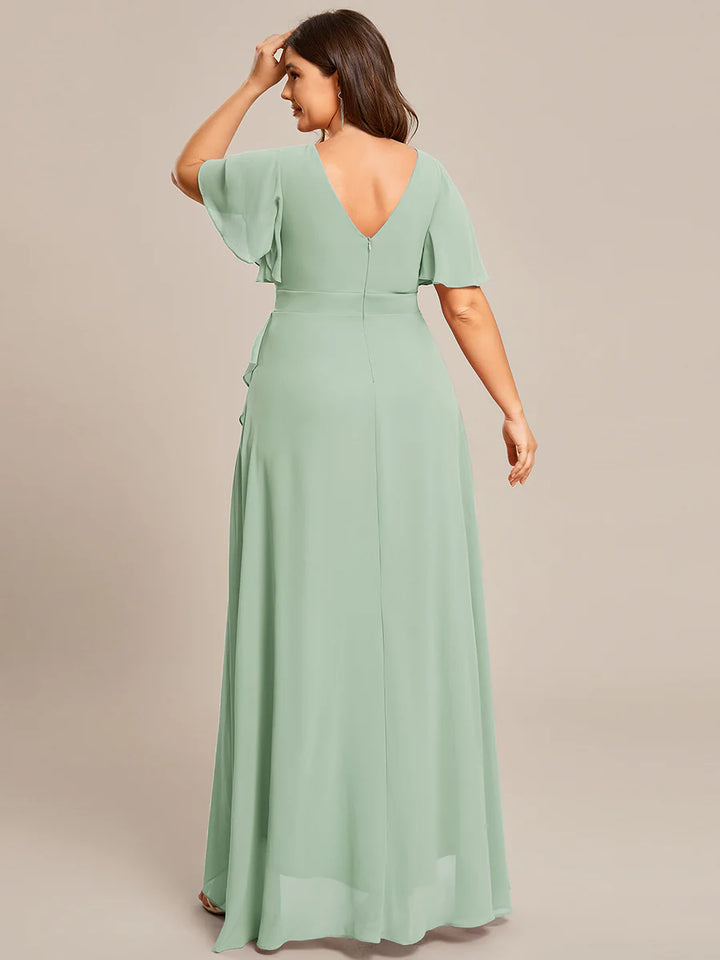 V Neck High Low Ruffles Chiffon Plus Size Evening Dress - CALABRO®