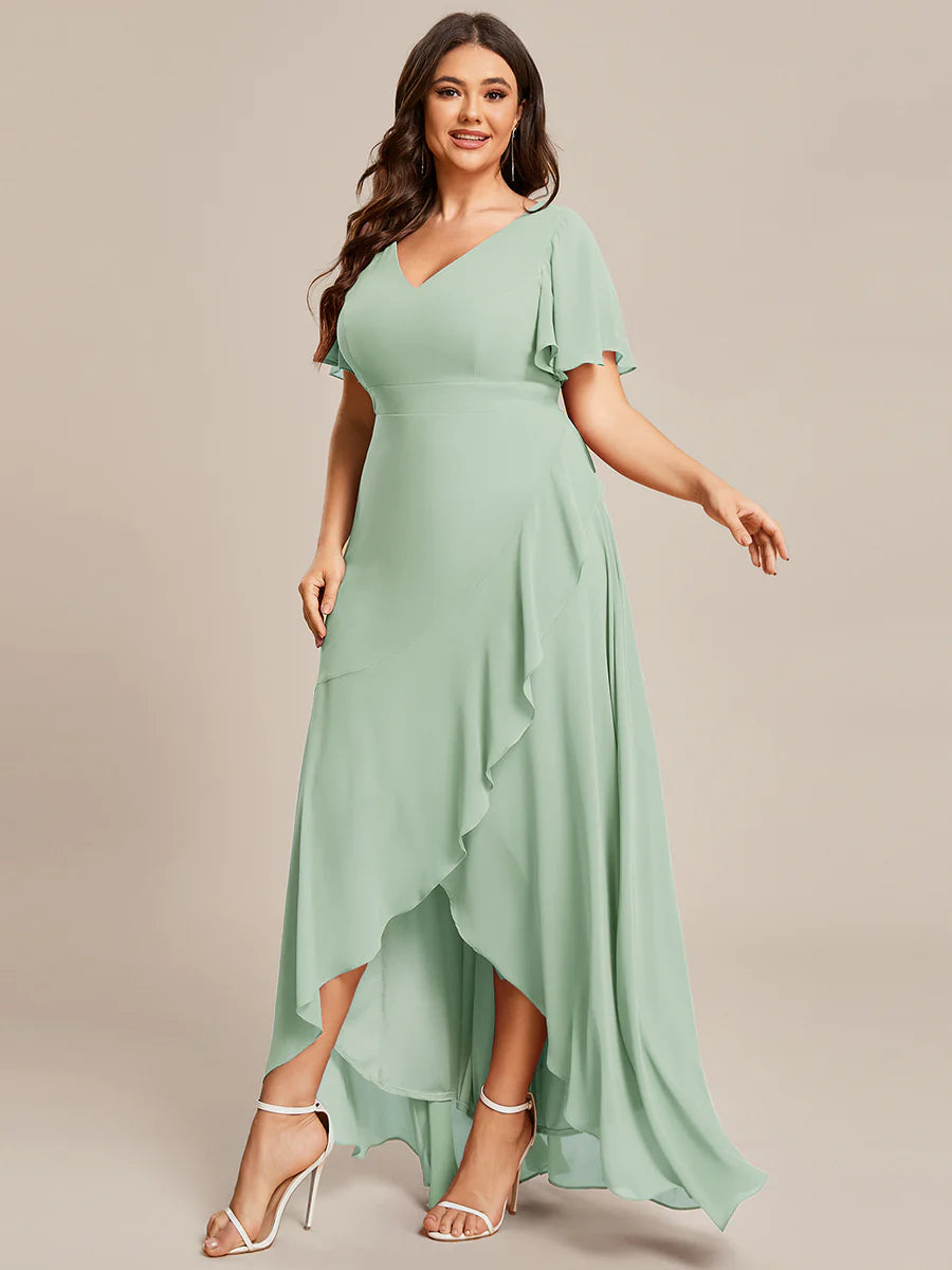 V Neck High Low Ruffles Chiffon Plus Size Evening Dress - CALABRO®