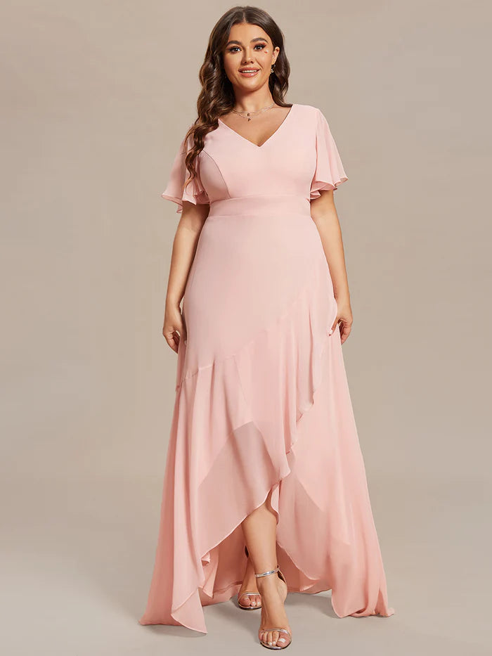 Plus V Neck High Low Ruffles Chiffon Bridesmaid Dresses - CALABRO®