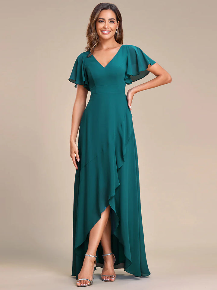 V Neck High Low Ruffles Chiffon Bridesmaid Dress - CALABRO®