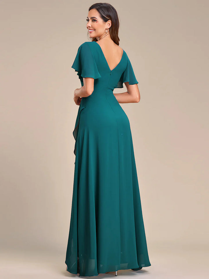 V Neck High Low Ruffles Chiffon Bridesmaid Dress - CALABRO®