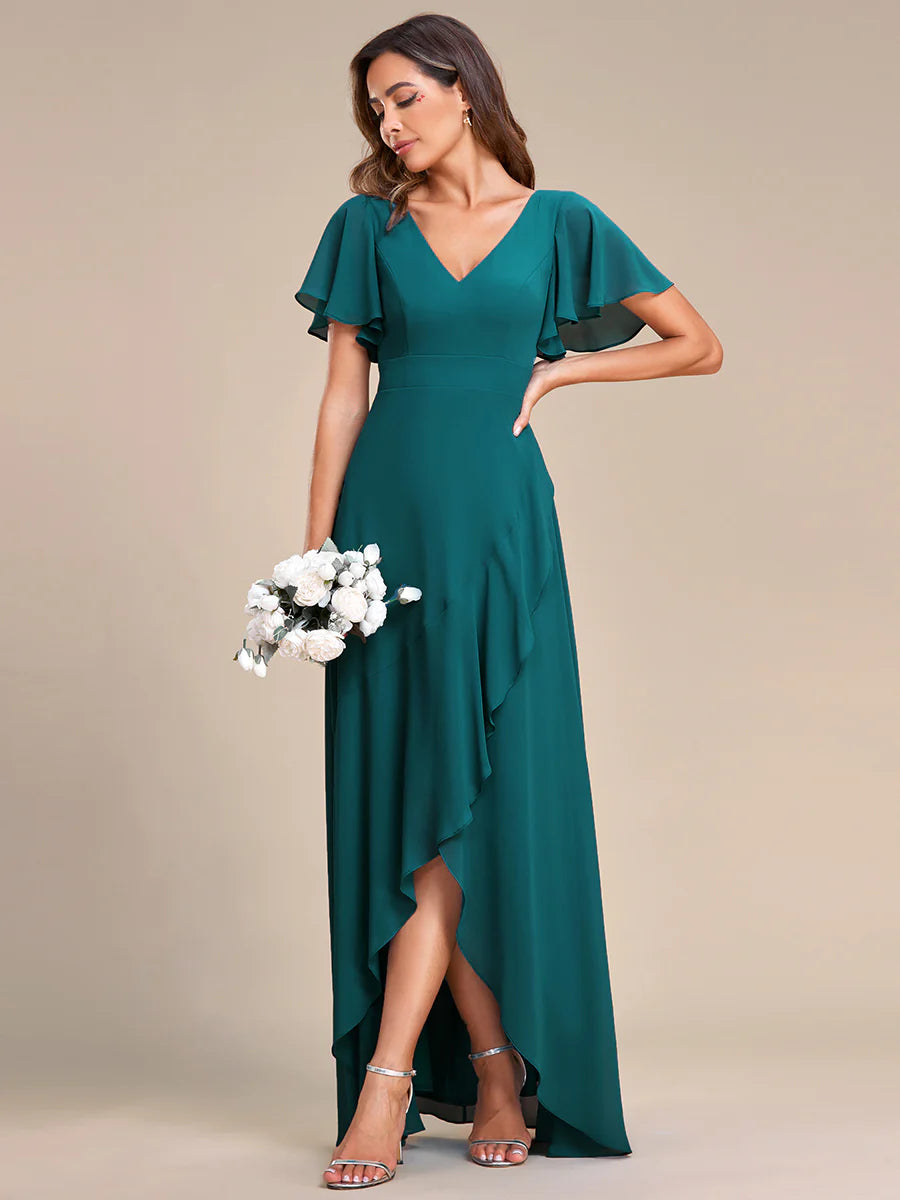 V Neck High Low Ruffles Chiffon Bridesmaid Dress - CALABRO®