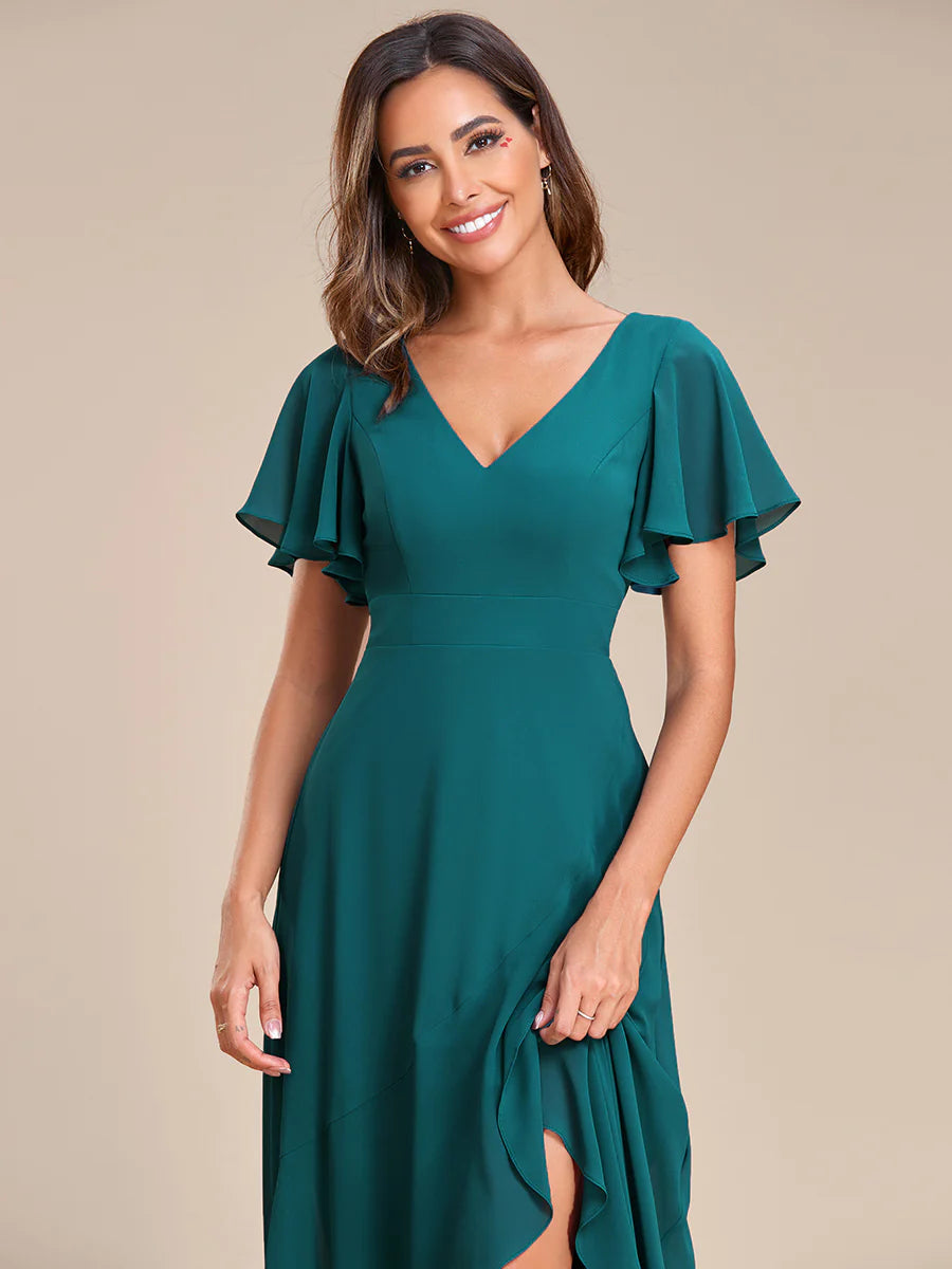 V Neck High Low Ruffles Chiffon Bridesmaid Dress - CALABRO®