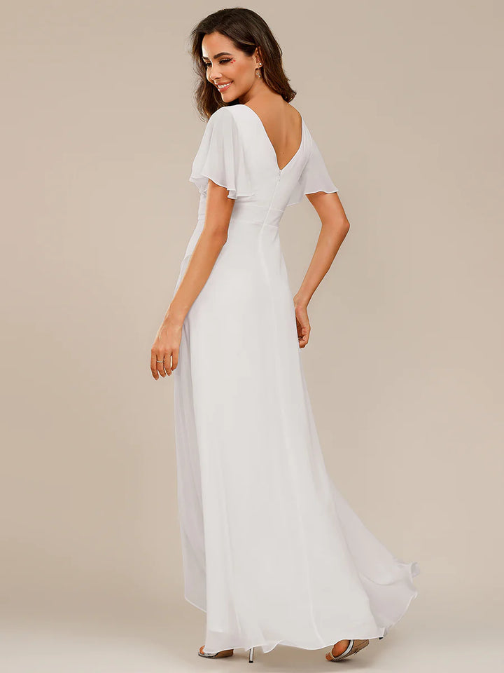 V Neck High Low Ruffles Chiffon Bridesmaid Dress - CALABRO®