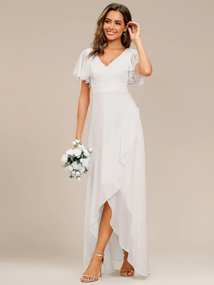 V Neck High Low Ruffles Chiffon Bridesmaid Dress - CALABRO®