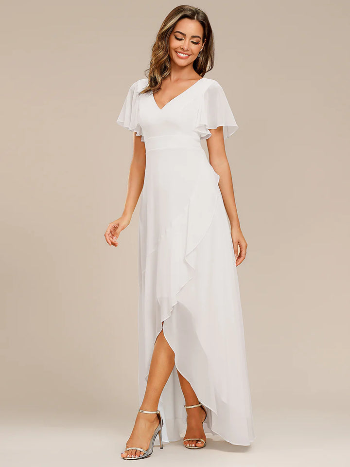 V Neck High Low Ruffles Chiffon Bridesmaid Dress - CALABRO®