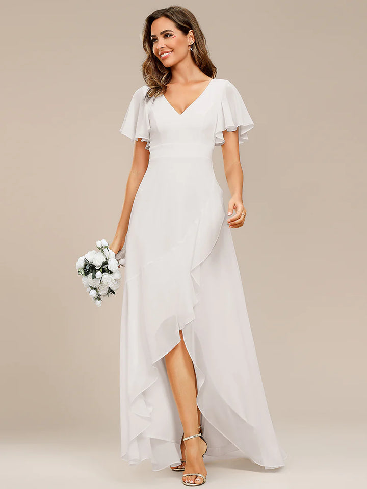 V Neck High Low Ruffles Chiffon Bridesmaid Dress - CALABRO®