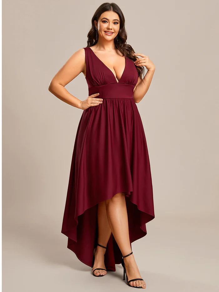 Plus High Low Deep V Neck Sleeveless Plus Size Evening Dress - CALABRO®