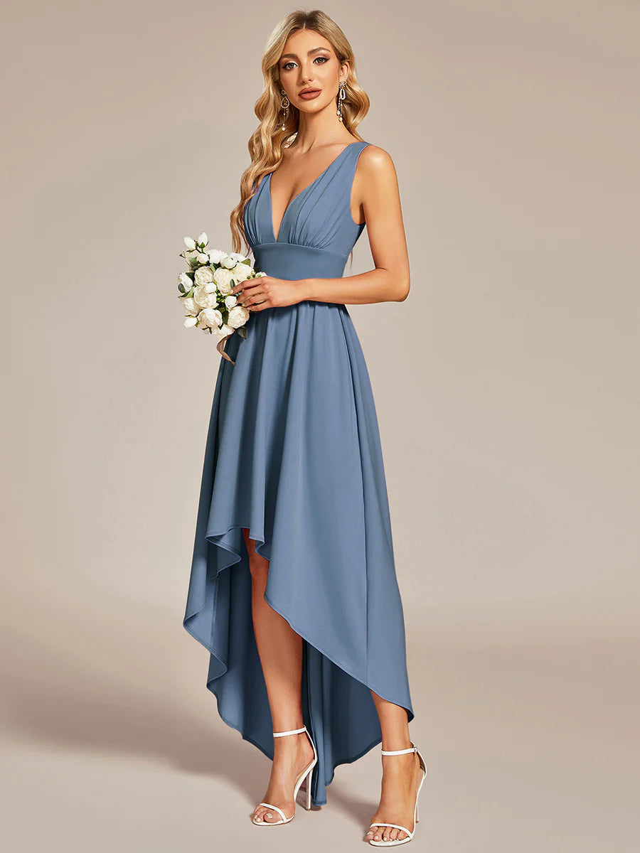 High Low Deep V Neck Sleeveless Bridesmaid Dresses - CALABRO®