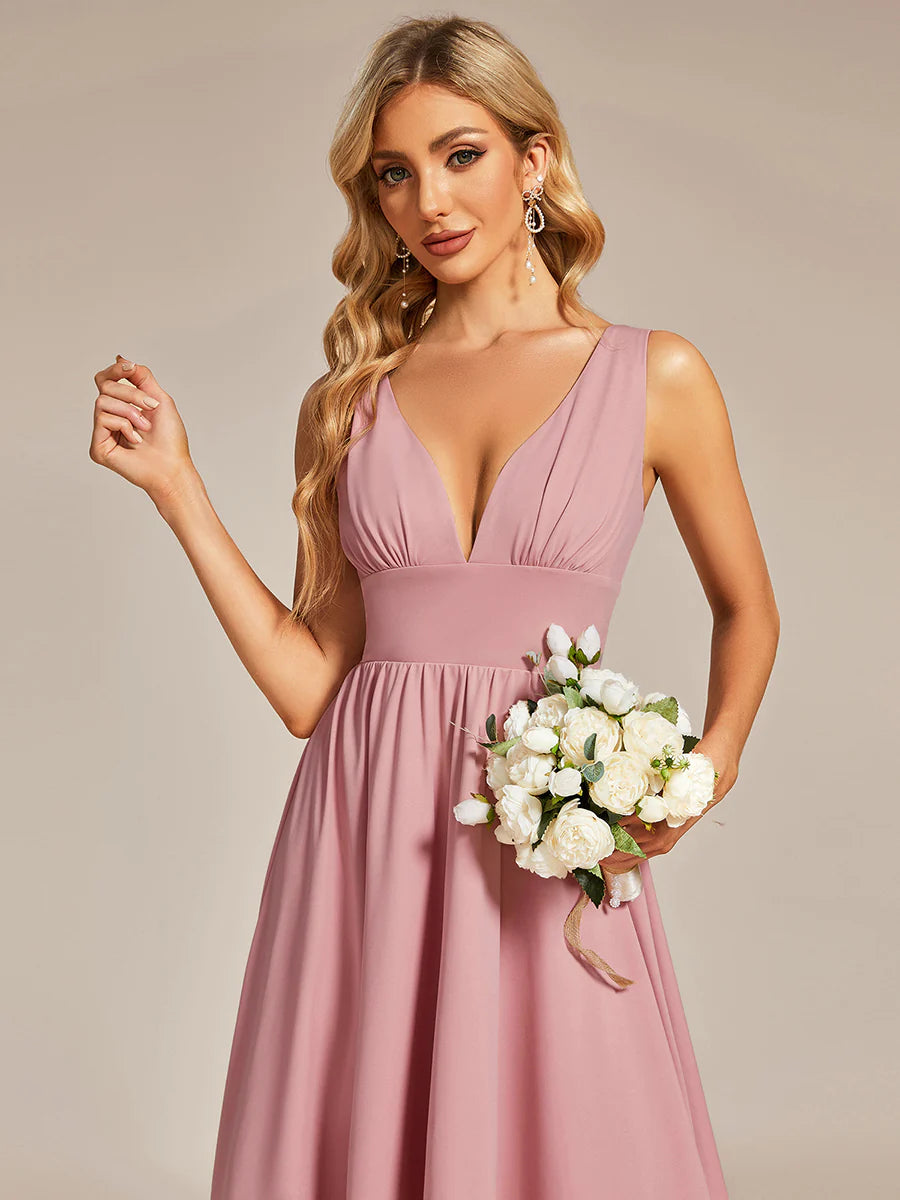 Ruffle V-Neck High-Low Bridesmaid Dress - CALABRO®