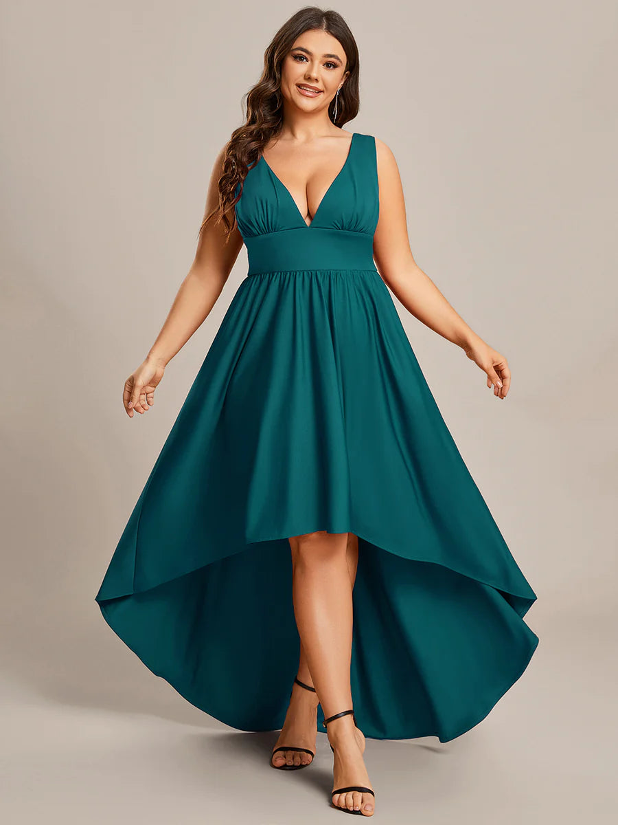 Plus High Low Deep V Neck Sleeveless Plus Size Evening Dress - CALABRO®