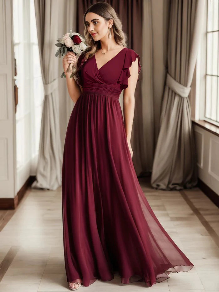 V Neck Pleated Belted Ruffles Bridesmaid Dresses - CALABRO®