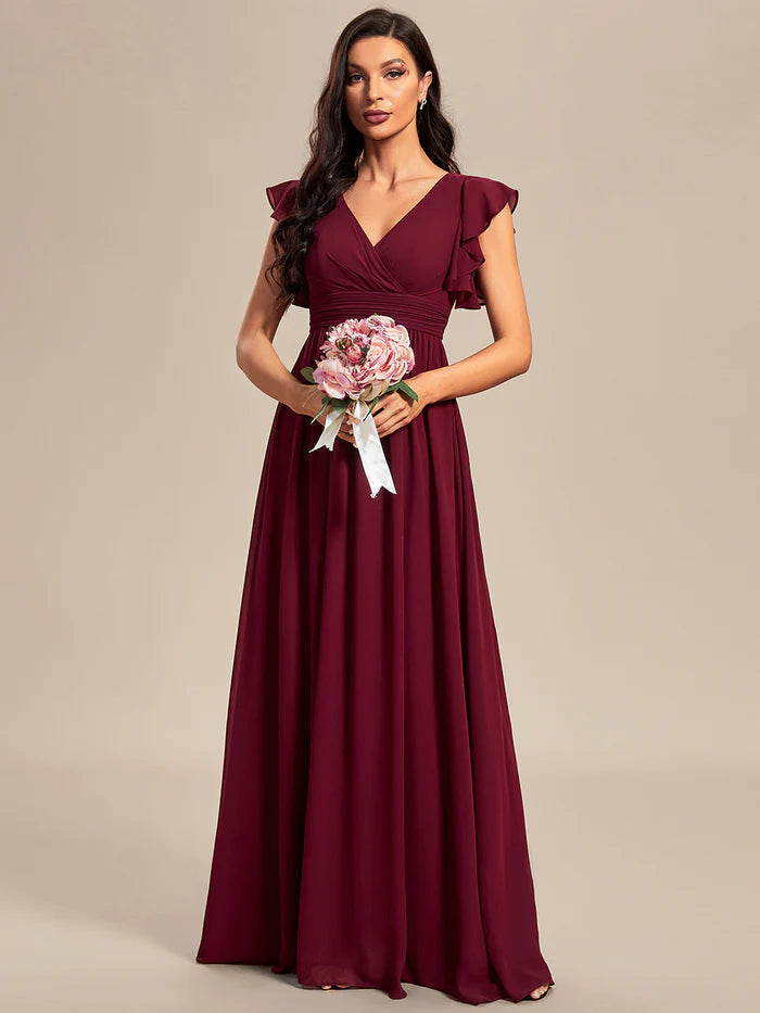 V Neck Pleated Belted Ruffles Bridesmaid Dresses - CALABRO®