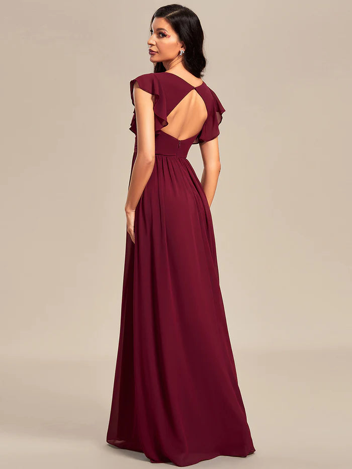 V Neck Pleated Belted Ruffles Bridesmaid Dresses - CALABRO®