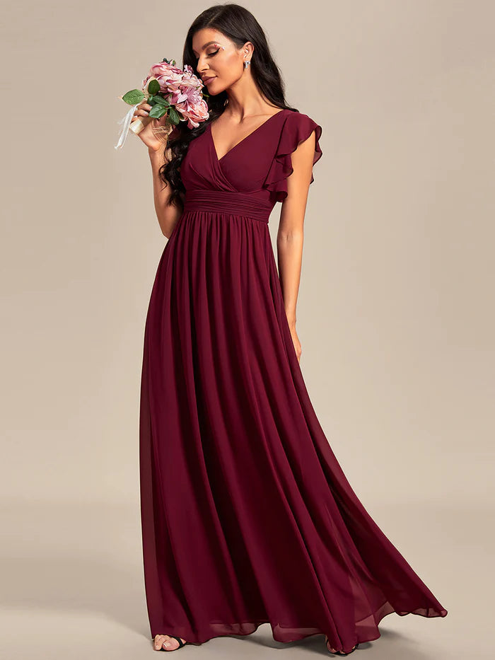 V Neck Pleated Belted Ruffles Bridesmaid Dresses - CALABRO®