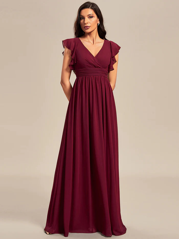 V Neck Pleated Belted Ruffles Bridesmaid Dresses - CALABRO®