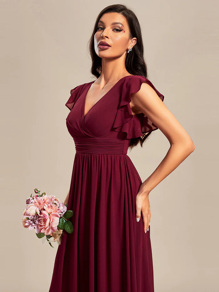 V Neck Pleated Belted Ruffles Bridesmaid Dresses - CALABRO®